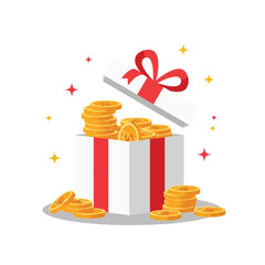 Surprise gift box overflowing with golden coins and red ribbon festive celebration of wealth and abundance isolated on transparent background