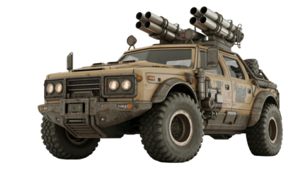 Armored military vehicle with missile launchers ready for action scene