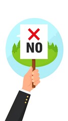 Cartoon hand holding a sign saying "NO" over a landscape scene