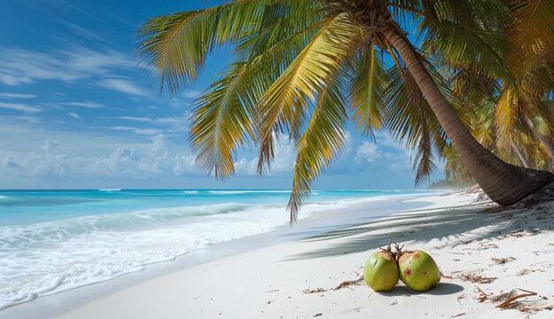 Playa, palmeras, vacaciones, cocos, cocotero, imagen alargada, arena blanca, arena fina, sobra palmera