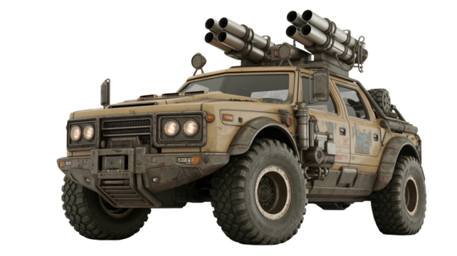 Armored military vehicle with missile launchers ready for action scene