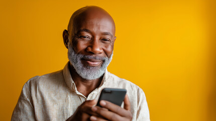 Mature black man uses mobile phone, senior adult reads news on cellphone, grandfather smiles checking social media on smartphone, happy old male holds device, wireless communicatio