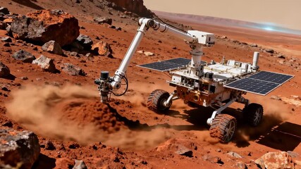 Advanced robotic rover drilling rugged Martian terrain, extending mechanical arm to collect geological sample. Solar-powered scientific instrument navigating rocky landscape with precision. - Powered by Adobe