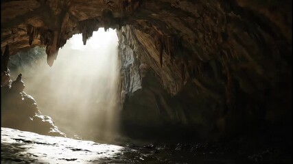 Sunlight streams through an opening in a dark cave, illuminating mist and stalactites, creating a dramatic and mysterious atmosphere with water on the ground.