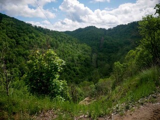 Obraz premium Scenic View off of West Virginia mountainside looking down powerlines in Hatfield Mccoy mountains in springtime