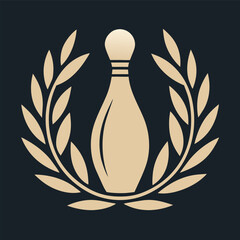 Bowling Pin and Laurel Wreath Emblem Gold Color Minimalist Style Sport Icon Vector