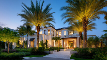 Opulent mansion entrance with grand driveway, ornate gates, and lush palm trees, elegant estate features illuminated pathway leading to large mansion exterior, exclusive luxury res