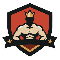 Bodybuilding King Logo Emblem with Crown and Strongman Silhouette Design