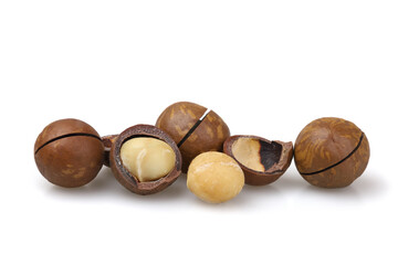 Macadamia nuts isolated on white background.