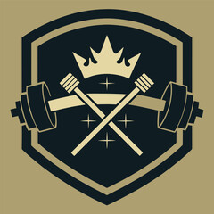 Gym Barbell Crown Crest for Fitness - Strong Workout Emblem in Sport Badge Logo Design