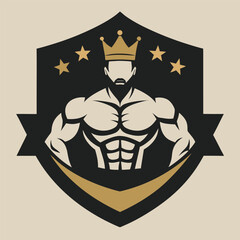 King Strongman Fitness Logo Emblem Design with Crown, Bodybuilding Silhouette