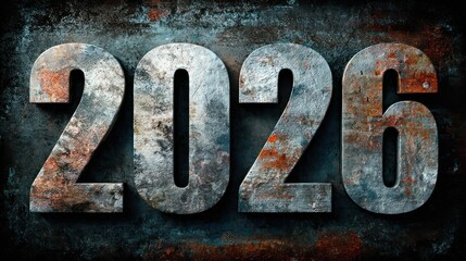 Distressed textured metallic numerals representing the year 2026 with a grunge artistic abstract background