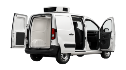 Compact refrigerated vehicle with rear double doors and side entry.