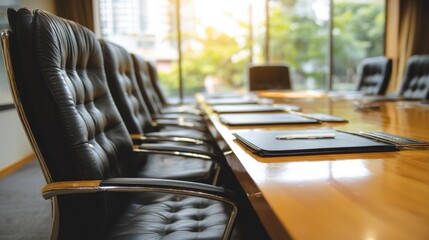 Conference room with leather chairs and a wooden table in front of window