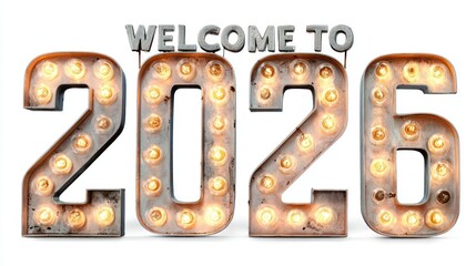 Retro illuminated marquee numbers spelling out the year 2026 with the words welcome to above