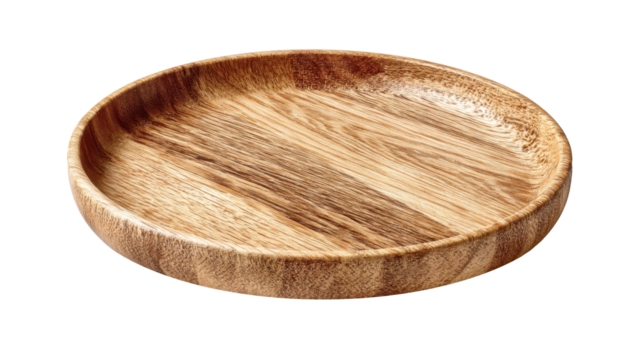 Empty natural wood serving bowl, round wooden dish on a transparent background, showcasing sustainable table art for healthy eating and eco friendly kitchenware
