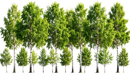 Birch trees in various sizes against white background