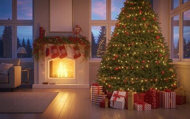 Christmas Tree in Cozy Living Room Interior with Fireplace and Presents