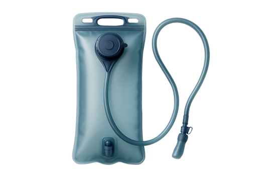 Hydration bladder water reservoir with wide screw cap and drinking tube, backpack‑ready blue pouch with bite valve, outdoor sports gear, high‑detail 3D render