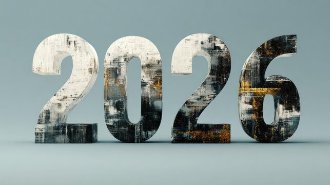 Abstract 3d rendering of the year 2026 displayed with textured and layered artistic numbers against a neutral background