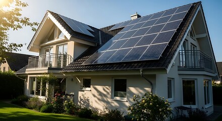Modern house with solar panels on the roof under a sunny sky