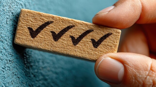 Hand holding wooden block showing multiple check marks, symbolizing checklist completion, task accomplishment, project success, goal achievement, and quality control