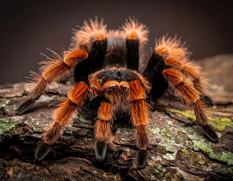Close-up of a fuzzy, orange-legged spider on a weathered tree branch