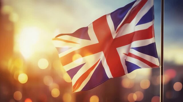 United Kingdom flag waving at sunrise 