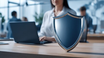 Shield representing security in a modern office setting with a professional engaged in work