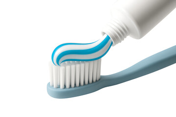 Squeezing fresh blue and white striped toothpaste onto the clean bristles of a light blue toothbrush, isolated on a white background with copy space