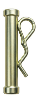 Safety clip hitch pin with zinc plating for rust protection.