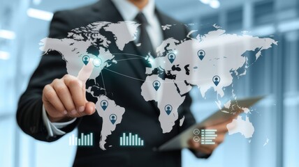 Hand Tracking Global Shipments on a Clean Digital Map Interface. logistics coordinator's hand touching a specific tracking point on a glowing, minimalist digital world map.