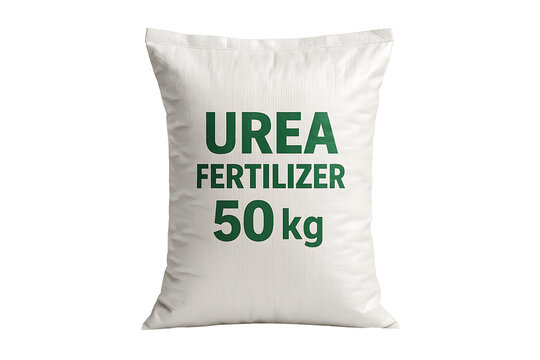 Urea fertilizer sack 50 kg, white woven polypropylene bag with bold green labeling, agricultural nitrogen product packaging, high‑detail 3D render