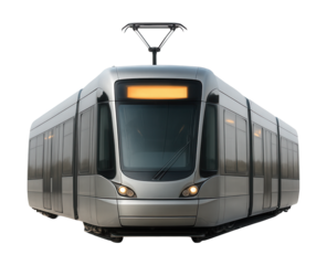 Double-jointed tram featuring sleek design and illuminated route signs.