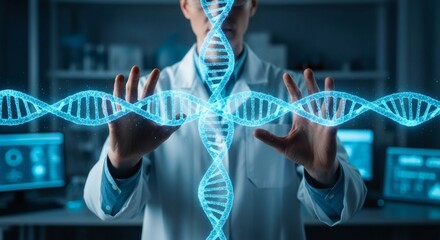Doctor Displaying Holographic Dna Structure In Scientific Environment