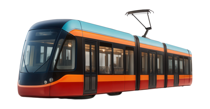 Articulated two-section tram featuring expansive panoramic windows.
