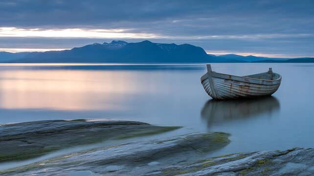 An old, weathered wooden boat rests peacefully on the calm water of a serene lake at dusk with mountains in the background - Powered by Adobe