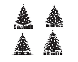 Obraz premium Four stylized christmas trees decorated with ornaments and presents below for holiday celebrations silhouette
