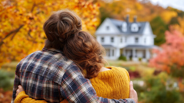 Young couple stands embracing, looking at their new house, they are first time home owners on an autumn day, with trees showing fall colors, under soft autumn light highlighting jo