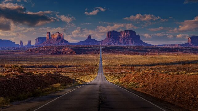 Endless road to monument valley at sunset. AI image - Powered by Adobe