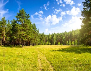 Sunny forest path through tall grass