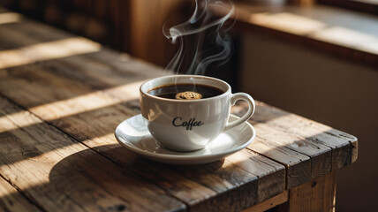 Freshly brewed coffee in a cup warms the wooden tabl in the morning