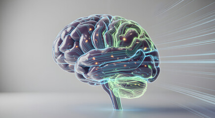 Luminous digital brain concept art showing neural network connections and information flow