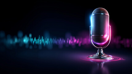 Graphic shows microphone icon with active glowing sound waves, audio waveform displays digitally next to on dark gradient background, tech design voice recording, podcasting, music
