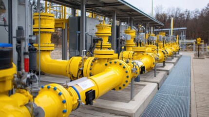 Industrial gas pipeline system with bright yellow piping and valves in a processing facility during the day