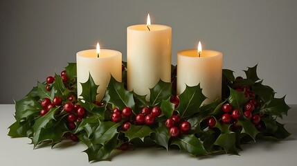 Festive Ivory Candle Centerpiece with Soft Grey Background