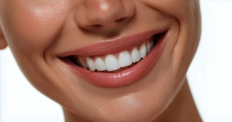 Naklejka premium Bright Smile of a Woman With Perfect Teeth Against a Simple Background