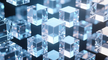 Intersecting transparent cubes forming a crystalline lattice with soft ambient blue glow and futuristic aesthetic