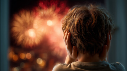Little boy covering his ears while watching fireworks through window at night.