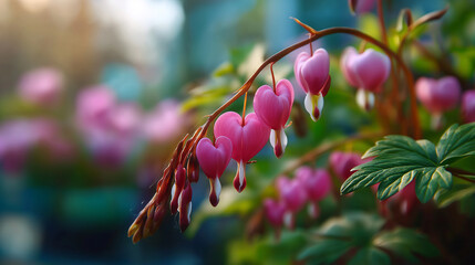 Pink bleeding heart flowers with heart-shaped petals hang from arching stems, delicate floral arrangement with green leaves, soft pink blooms, spring flowers with unique heart-shap